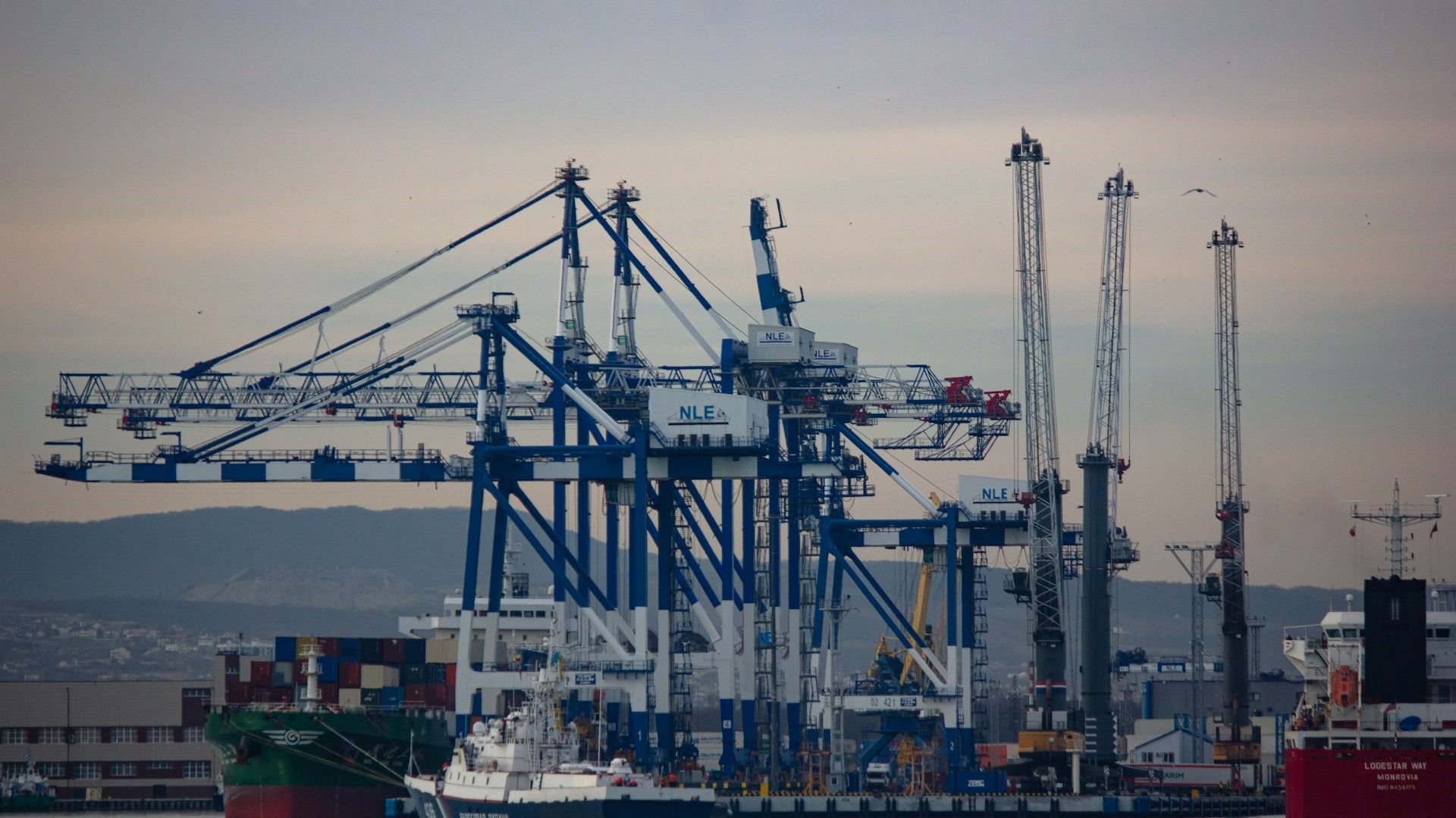 Containerterminal met meerdere moderne scheepskranen voor overslag van vracht