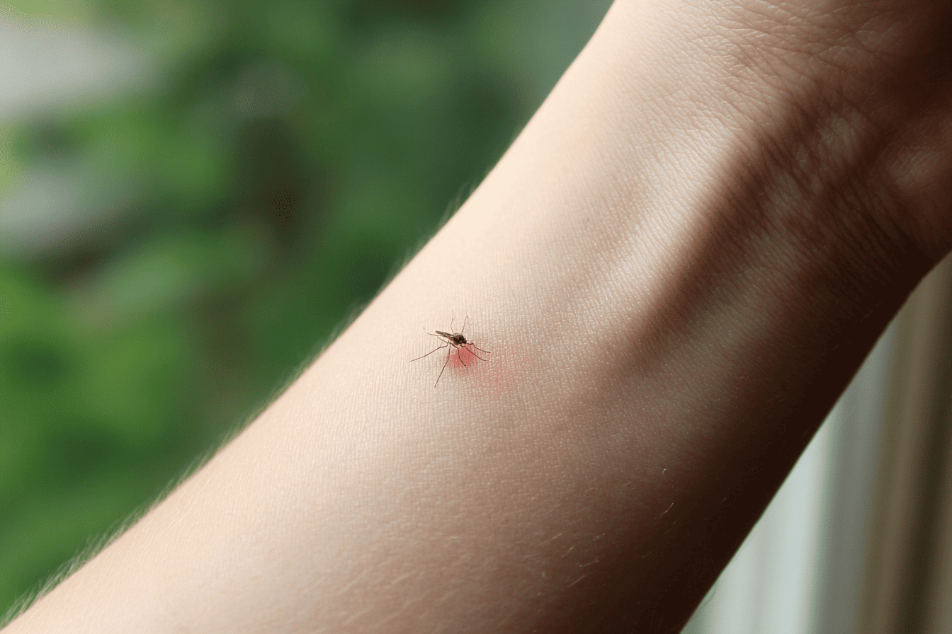 Afbeelding van arm van een persoon, die gestoken wordt door een mug.