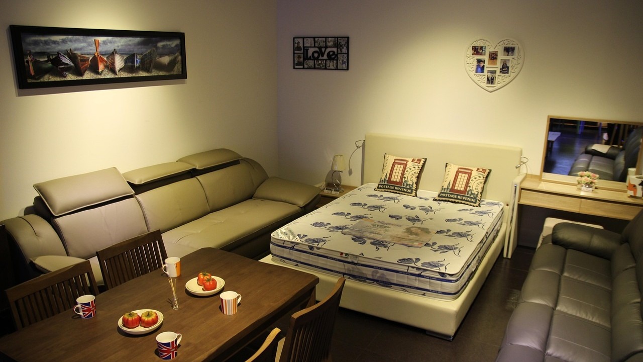 Volledig ingerichte kamer met bank, eettafel, bed en kasten, geschikt voor meubels opslaan tijdens verhuizing