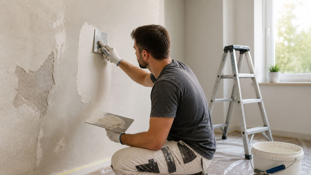 Man herstelt muur met pleisterwerk tijdens muurschade herstellen in lichte kamer