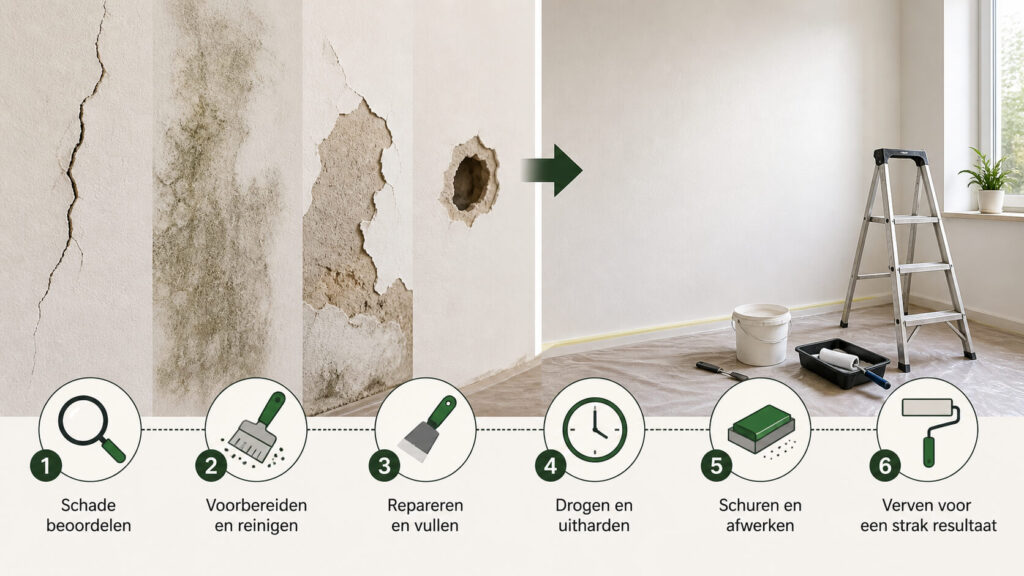 Stappenplan voor muurschade herstellen met voorbereiding, reparatie en afwerking overzichtelijk weergegeven