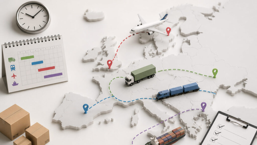 Kaart met routes en planning voor transport binnen Europa via weg, spoor, lucht en zee met tijdschema