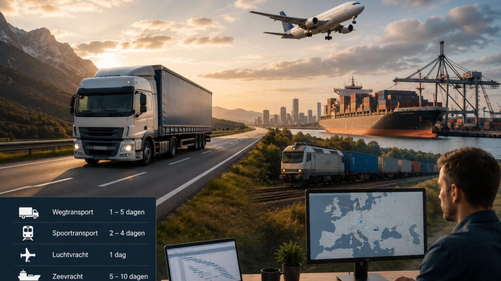 Overzicht van transport binnen Europa met vrachtwagen, trein, schip en vliegtuig en bijbehorende levertijden