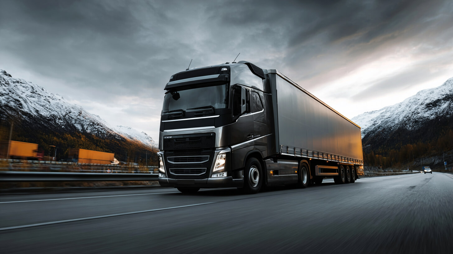 Vrachtwagen op Europese snelweg illustreert transport binnen Europa via wegtransport in bergachtig gebied