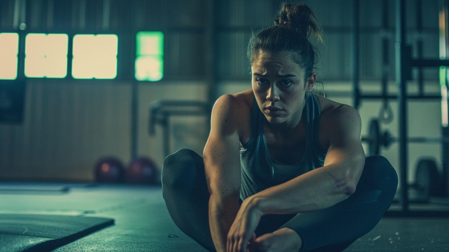 Vrouw met spierpijn na training tijdens herstelmoment in de sportschool