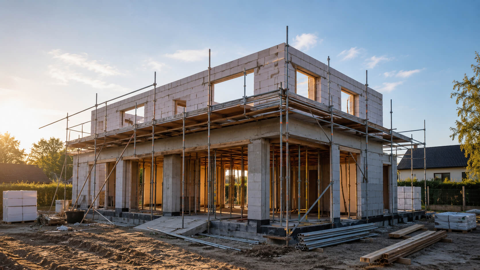 Ruwbouw van een vrijstaande woning tijdens de bouwfase met steigers en casco constructie