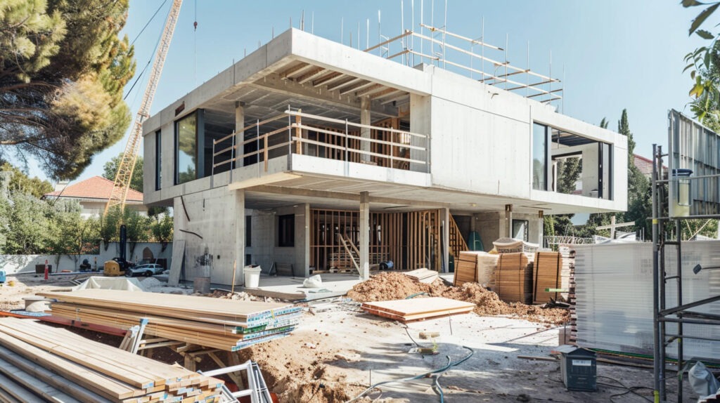 Moderne vrijstaande woning in aanbouw met betonnen constructie en bouwmaterialen
