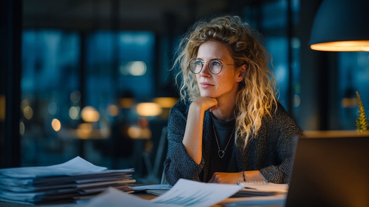 Vrouw werkt ’s avonds aan administratie tijdens belastingcontrole en beoordeelt financiële documenten