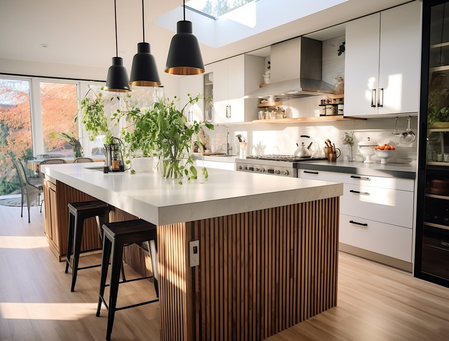 Moderne keuken met houten kookeiland, wit werkblad, witte kasten en zwarte hanglampen.