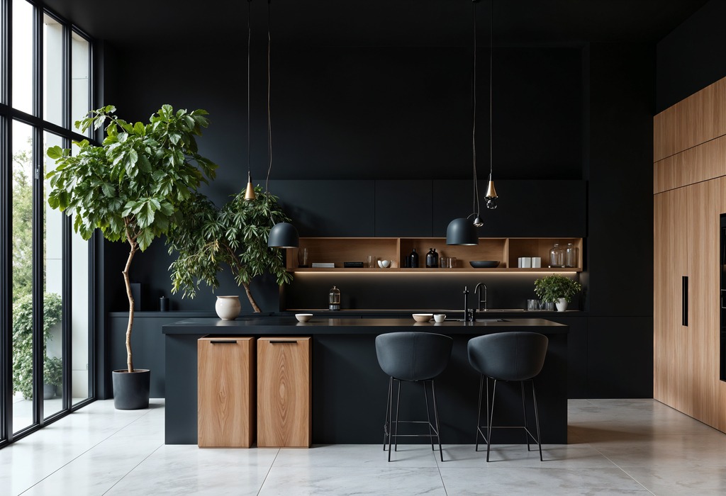 Zwarte moderne keuken met houten accenten, kookeiland, barkrukken en grote kamerplant.