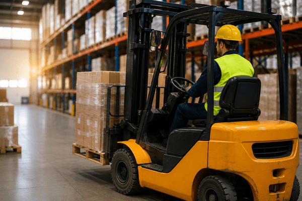 Heftruckchauffeur verplaatst pallets in een magazijn tijdens logistieke werkzaamheden.