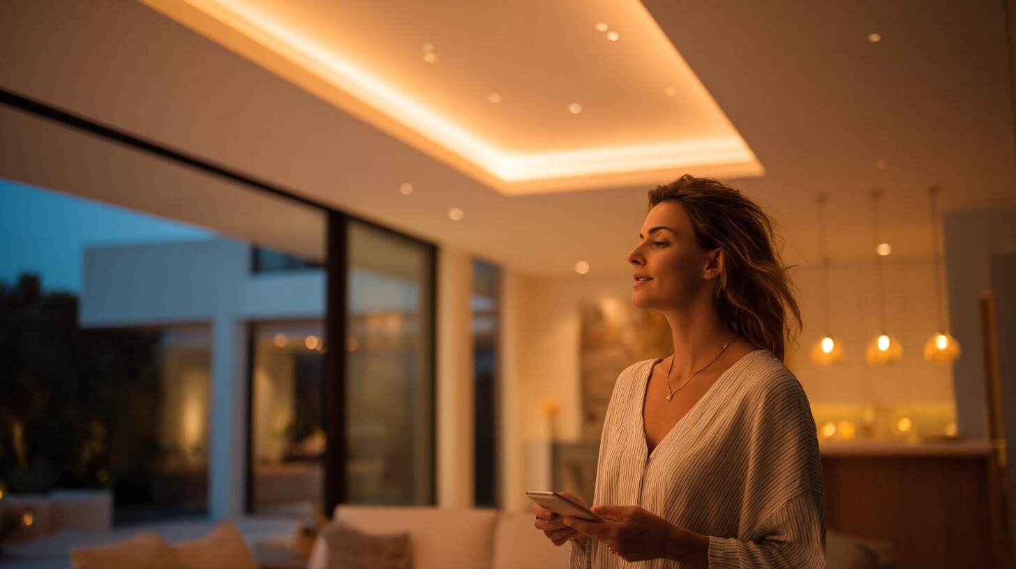 Persoon bedient sfeerverlichting in een moderne woning met verlichting Limburg via een smartphone.