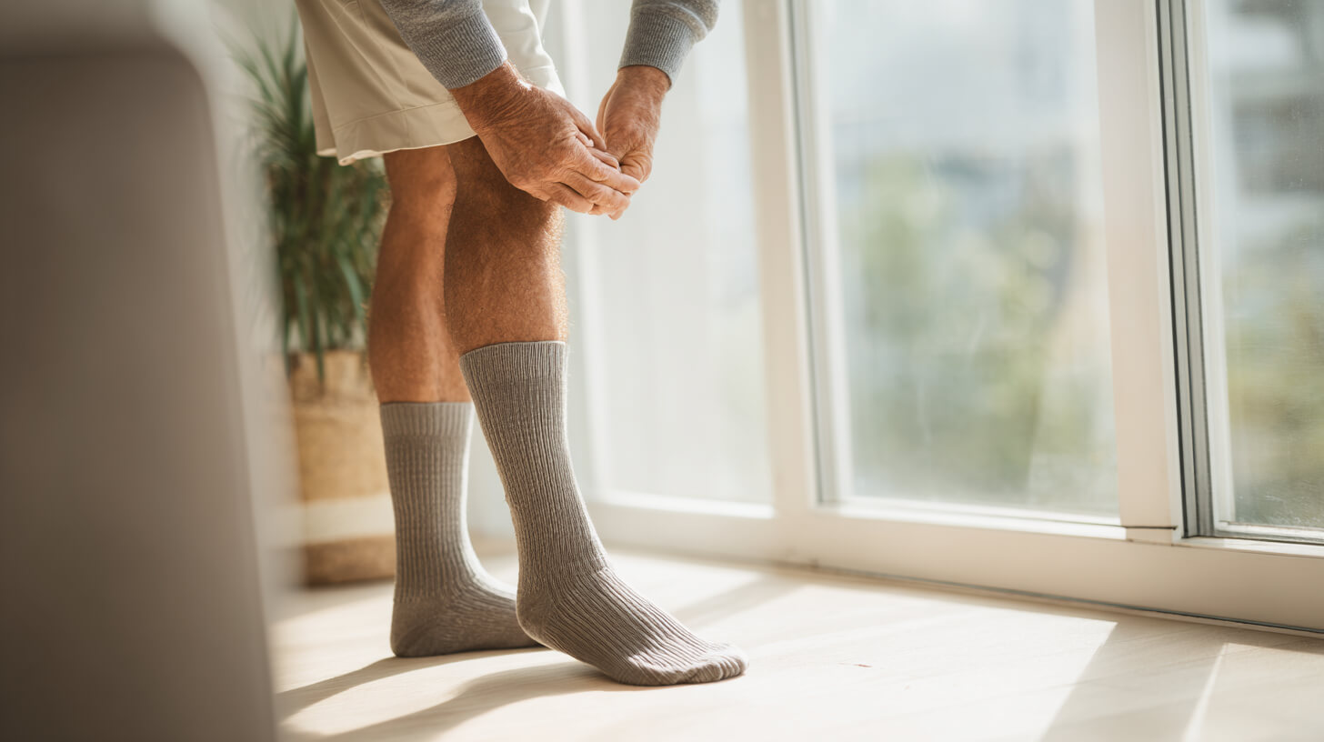 Persoon trekt steunkousen dagelijks gedragen aan om de doorbloeding te ondersteunen en zwelling te verminderen