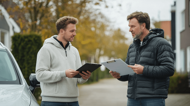 Rijinstructeur bespreekt de proefles auto met een leerling naast de lesauto.