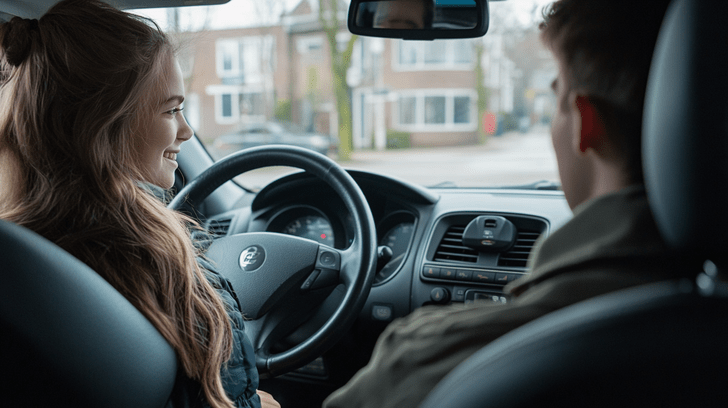 Leerling bestuurder krijgt uitleg van een rijinstructeur tijdens een proefles auto.