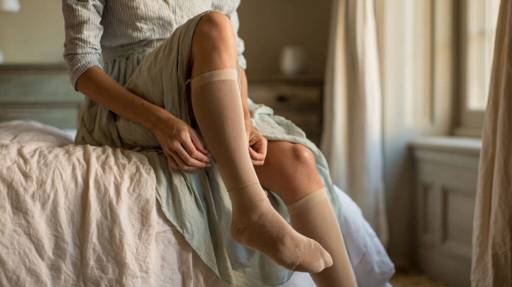 Vrouw trekt steunkousen aan in de ochtend als onderdeel van steunkousen dagelijks gedragen bij beenklachten