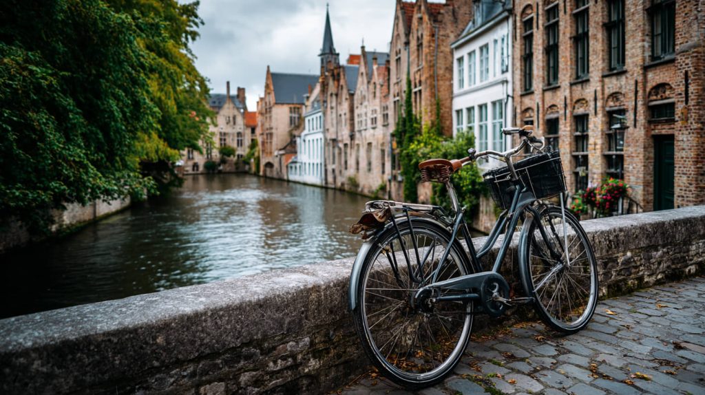 Geparkeerde huurfiets met fietstas leunt tegen een stenen muur langs een rustige stadsgracht