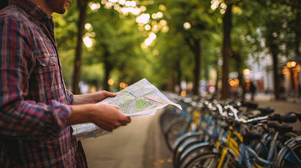 Toerist bekijkt een stadsplattegrond naast een rij huurfietsen langs een boomrijke straat