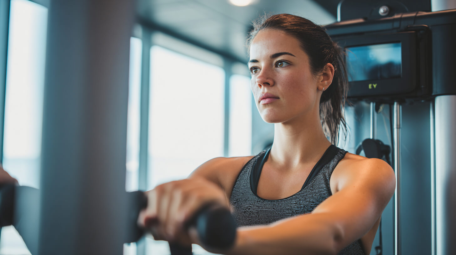 Vrouw traint gefocust op een rijtoestel met digitale meetapparatuur zichtbaar op de achtergrond in de gym