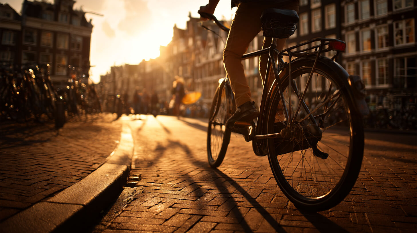 Fietser rijdt bij zonsondergang over een kasseienstraat langs historische grachtenpanden