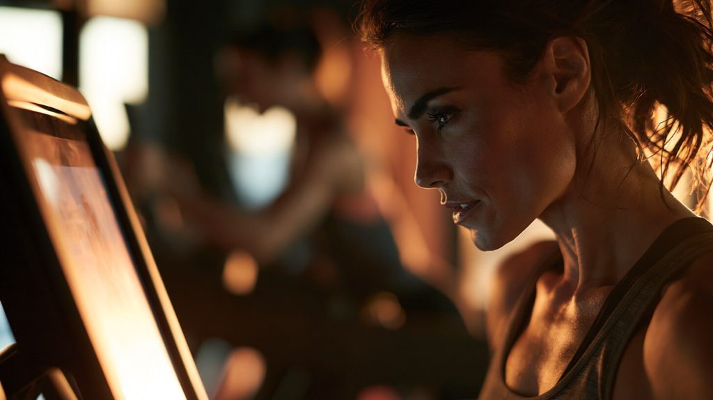 Vrouw kijkt geconcentreerd naar een verlicht trainingsscherm tijdens een intensieve fitnesssessie in de sportschool