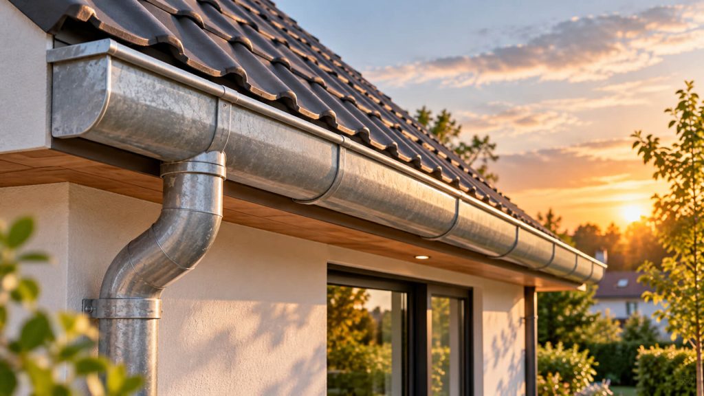 Zinken dakgoot met regenpijp langs de dakrand van een woning, verlicht door een warme zonsondergang