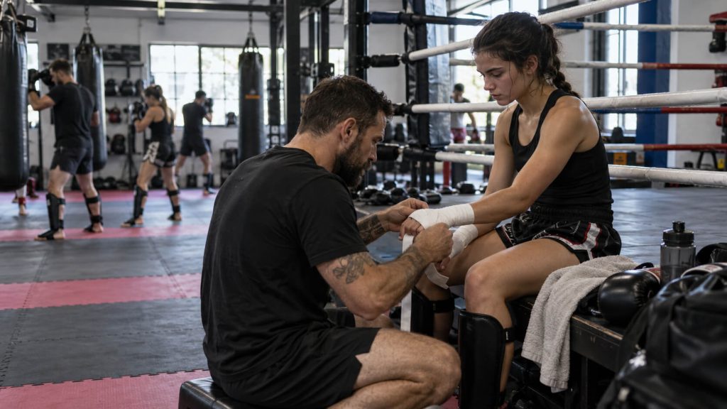 Trainer windt een bandage om de pols van een geconcentreerde vechtsporter in een sportschool met bokszakken en ring