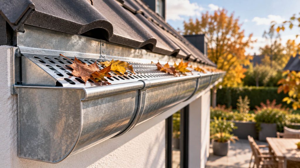 Zinken dakgoot met bladvanger waarop herfstbladeren liggen, met een tuin met terras op de achtergrond
