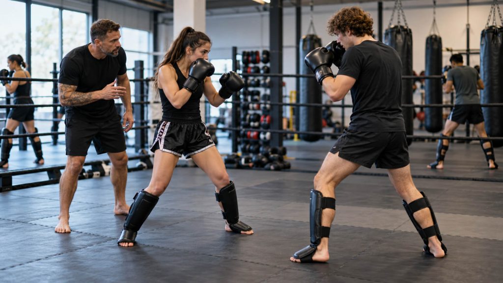 Vechtsportster met bokshandschoenen en scheenbeschermers spart met een partner terwijl de trainer toekijkt
