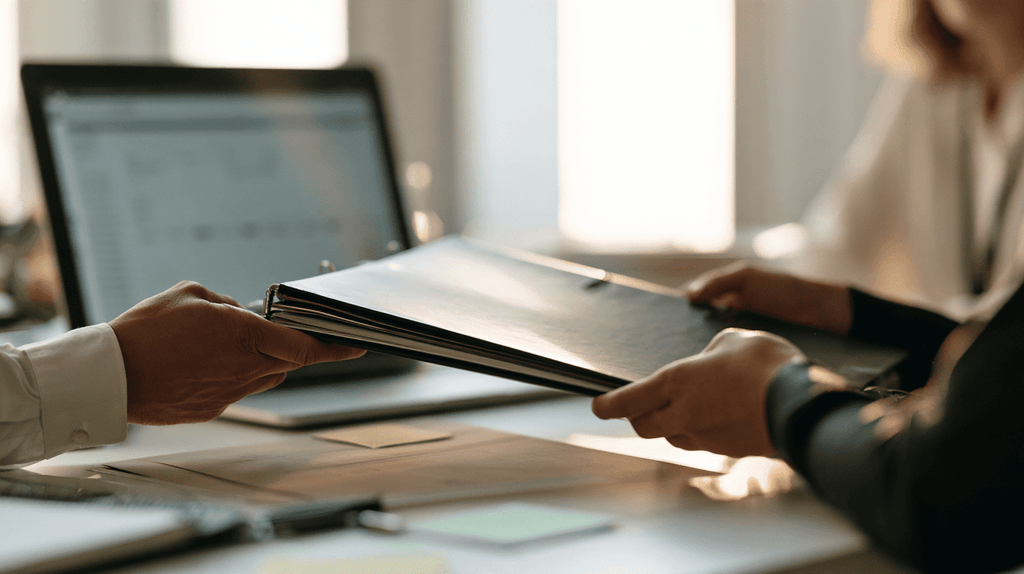 Collega overhandigt een map aan een nieuwe office manager tijdens de overdracht
